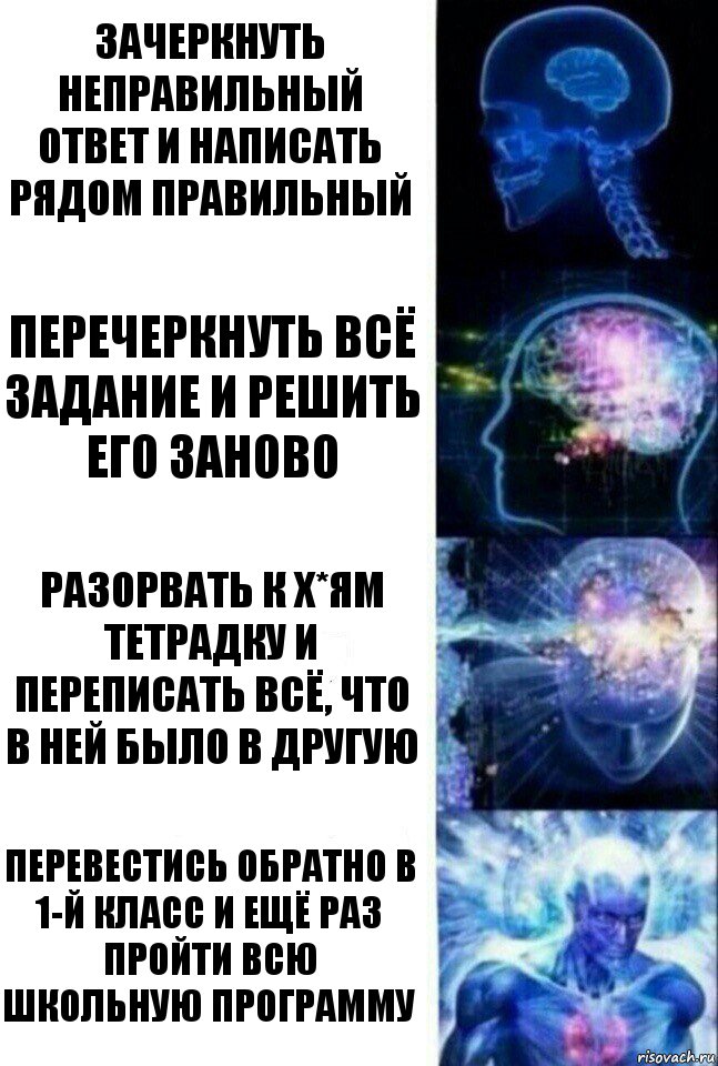 Зачеркнуть неправильный ответ и написать рядом правильный Перечеркнуть всё задание и решить его заново Разорвать к х*ям тетрадку и переписать всё, что в ней было в другую Перевестись обратно в 1-й класс и ещё раз пройти всю школьную программу, Комикс  Сверхразум