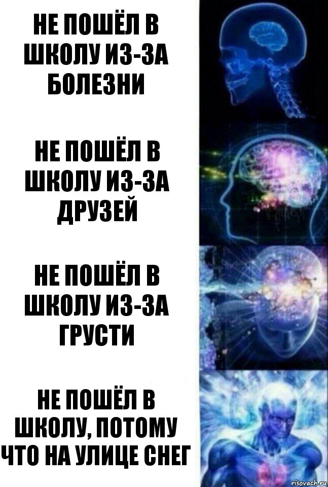 Не пошёл в школу из-за болезни Не пошёл в школу из-за друзей Не пошёл в школу из-за грусти Не пошёл в школу, потому что на улице снег, Комикс  Сверхразум