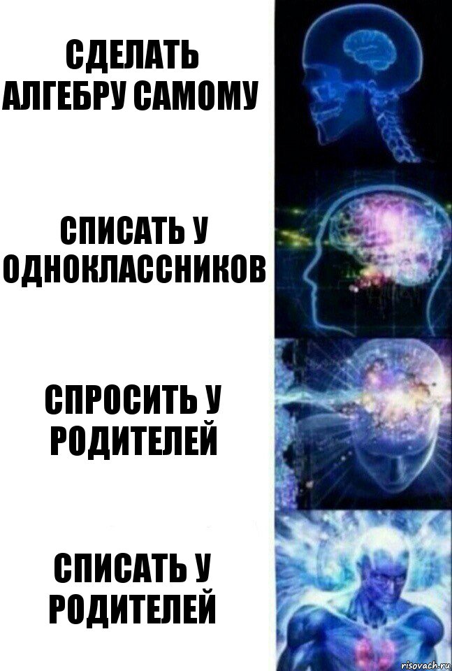 Сделать алгебру самому Списать у одноклассников Спросить у родителей Списать у родителей, Комикс  Сверхразум