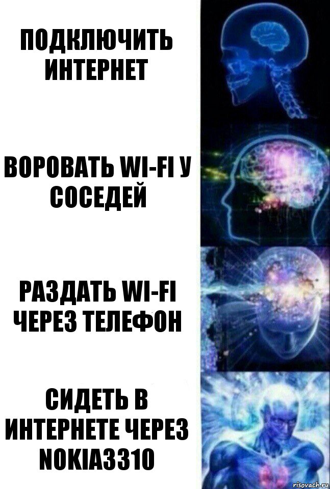 Подключить интернет Воровать Wi-Fi у соседей Раздать Wi-Fi через телефон Сидеть в интернете через Nokia3310, Комикс  Сверхразум