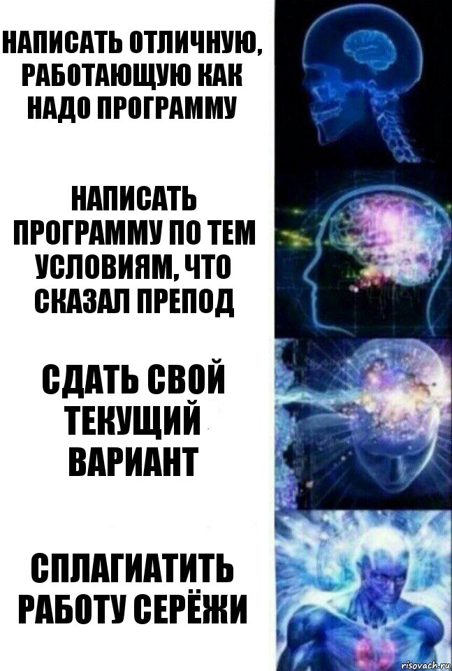 Написать отличную, работающую как надо программу Написать программу по тем условиям, что сказал препод Сдать свой текущий вариант Сплагиатить работу Серёжи, Комикс  Сверхразум