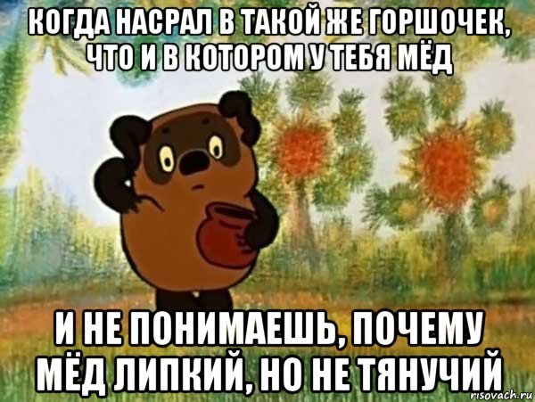 когда насрал в такой же горшочек, что и в котором у тебя мёд и не понимаешь, почему мёд липкий, но не тянучий, Мем Винни пух чешет затылок