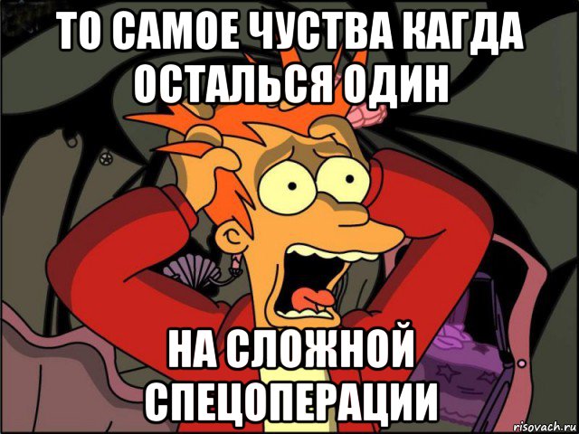 то самое чуства кагда осталься один на сложной спецоперации, Мем Фрай в панике