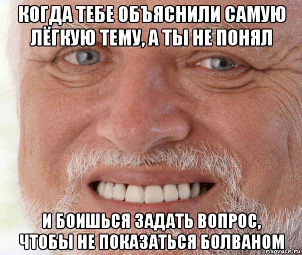 когда тебе объяснили самую лёгкую тему, а ты не понял и боишься задать вопрос, чтобы не показаться болваном, Мем Дед Гарольд