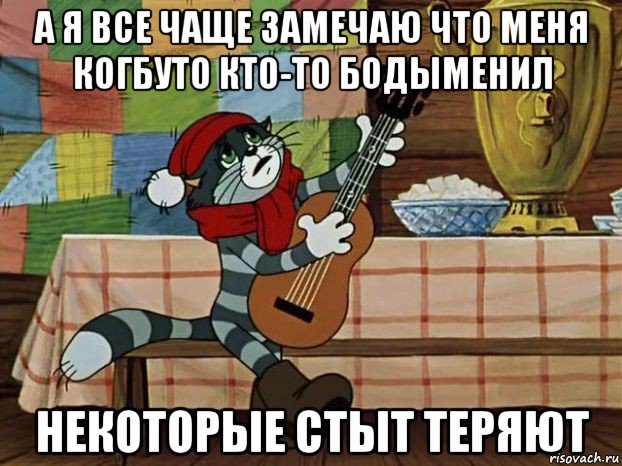 а я все чаще замечаю что меня когбуто кто-то бодыменил некоторые стыт теряют, Мем Кот Матроскин с гитарой