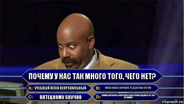 Почему у нас так много того, чего нет? Учебный план неправильный Мальчики сначала, а девочки потом Пятецкому скучно Нужно спросить у куратора и все равно сделать то, что не нужно, Комикс      Кто хочет стать миллионером