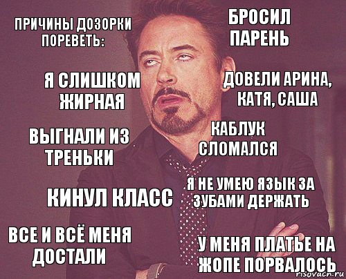 Причины дозорки пореветь: Бросил парень Выгнали из треньки Все и всё меня достали Я не умею язык за зубами держать Каблук сломался Кинул класс У меня платье на жопе порвалось Я слишком жирная Довели Арина, Катя, Саша, Комикс мое лицо