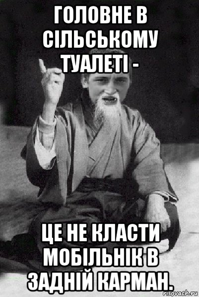 головне в сільському туалеті - це не класти мобільнік в задній карман., Мем Мудрий паца