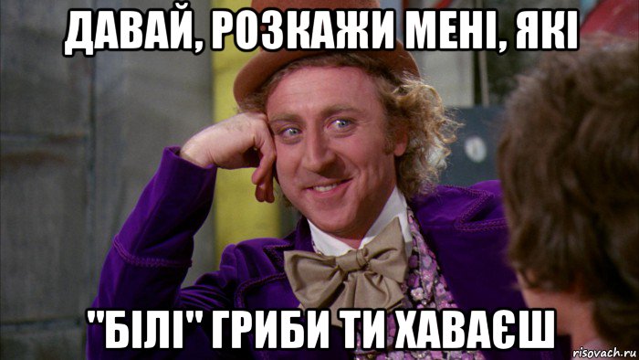 давай, розкажи мені, які "білі" гриби ти хаваєш, Мем Ну давай расскажи (Вилли Вонка)