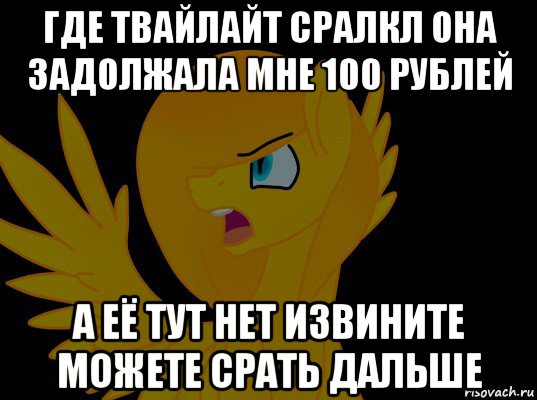 где твайлайт сралкл она задолжала мне 100 рублей а её тут нет извините можете срать дальше