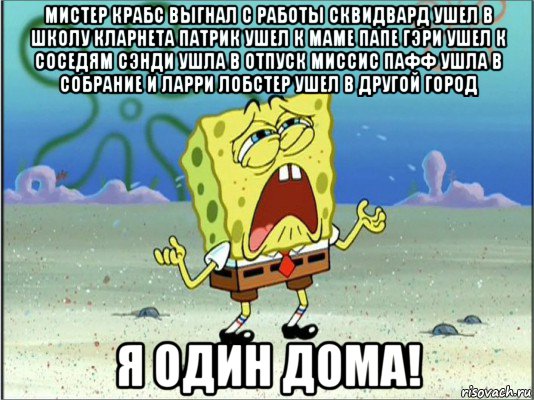 мистер крабс выгнал с работы сквидвард ушел в школу кларнета патрик ушел к маме папе гэри ушел к соседям сэнди ушла в отпуск миссис пафф ушла в собрание и ларри лобстер ушел в другой город я один дома!, Мем Спанч Боб плачет