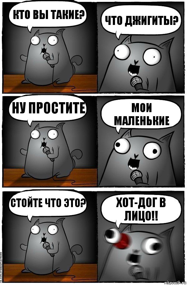 Кто вы такие? Что джигиты? Ну простите Мои маленькие Стойте что это? ХОТ-ДОГ в лицо!!, Комикс  Стендап-кот