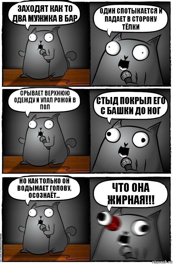 Заходят как то два мужика в бар Один спотыкается и падает в сторону тёлки Срывает верхнюю одежду и упал рожой в пол Стыд покрыл его с башки до ног Но как только он водымает голову, осознаёт... ЧТО ОНА ЖИРНАЯ!!!, Комикс  Стендап-кот