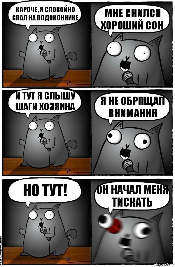 Кароче, я спокойно спал на подоконнике Мне снился хороший сон И тут я слышу шаги хозяина Я не обрпщал внимания Но тут! Он начал меня тискать, Комикс  Стендап-кот