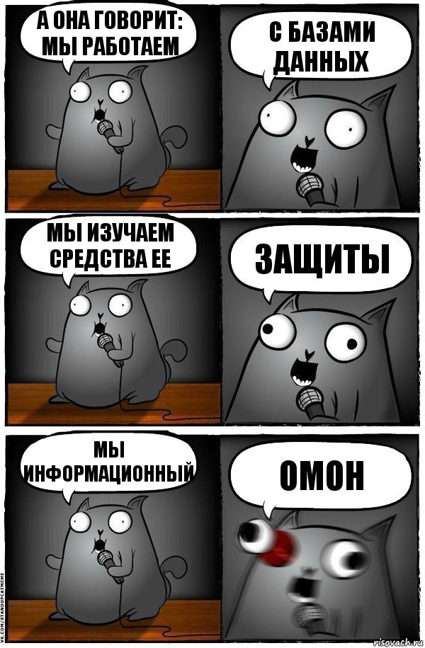 а она говорит: мы работаем с базами данных мы изучаем средства ее защиты мы информационный омон, Комикс  Стендап-кот