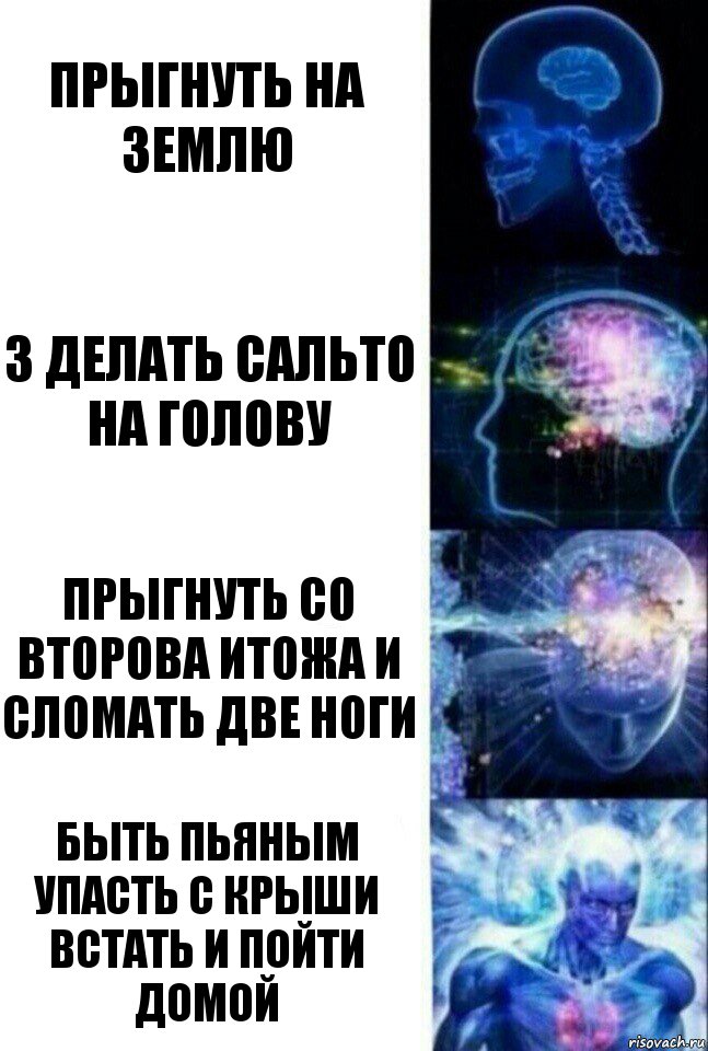 Прыгнуть на землю З делать сальто на голову Прыгнуть со второва итожа и сломать две ноги Быть пьяным упасть с крыши встать и пойти домой, Комикс  Сверхразум