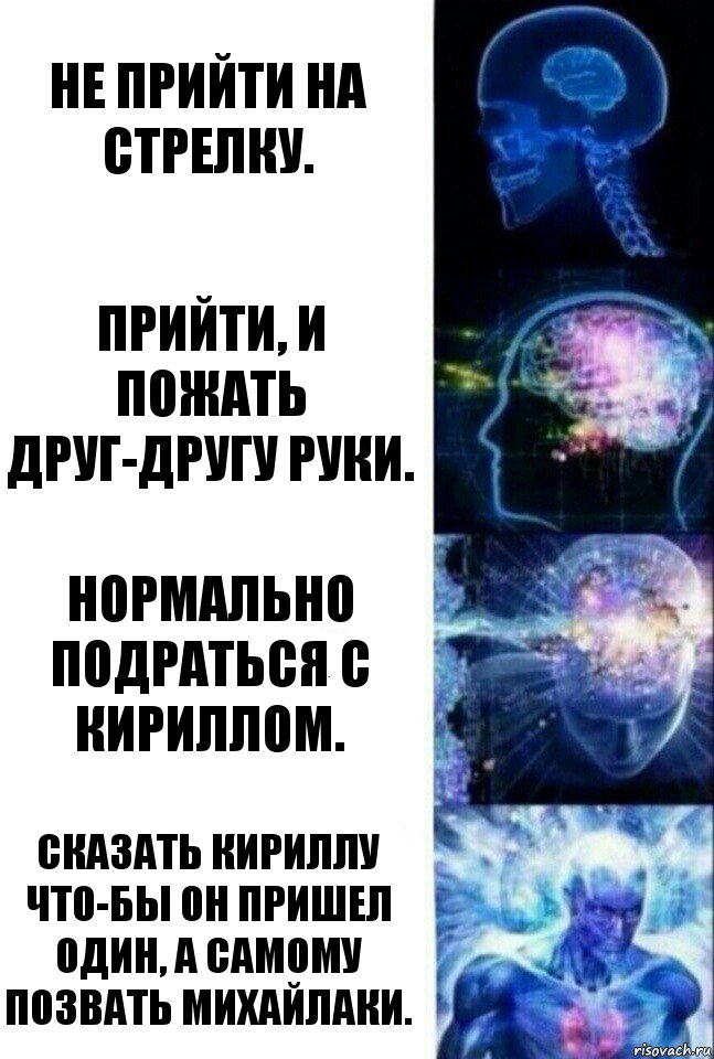 Не прийти на стрелку. Прийти, и пожать друг-другу руки. Нормально подраться с Кириллом. Сказать Кириллу что-бы он пришел один, а самому позвать Михайлаки., Комикс  Сверхразум