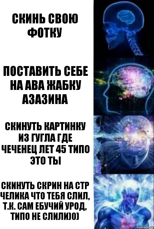 Скинь свою фотку Поставить себе на ава жабку азазина Скинуть картинку из гугла где чеченец лет 45 типо это ты Скинуть скрин на стр челика что тебя слил, т.к. сам ебучий урод, типо не слили)0), Комикс  Сверхразум