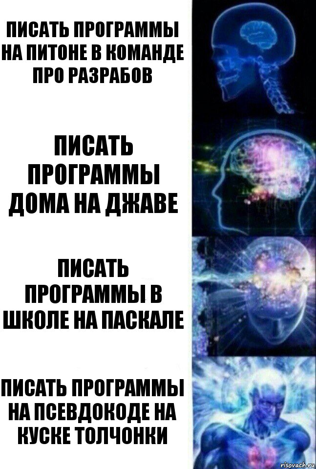 Писать программы на питоне в команде про разрабов Писать программы дома на джаве Писать программы в школе на паскале ПИСАТЬ ПРОГРАММЫ НА ПСЕВДОКОДЕ НА КУСКЕ ТОЛЧОНКИ, Комикс  Сверхразум