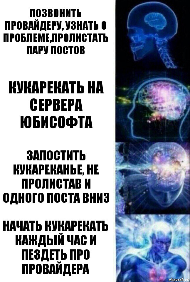 Позвонить провайдеру, узнать о проблеме,пролистать пару постов Кукарекать на сервера юбисофта Запостить кукареканье, не пролистав и одного поста вниз Начать кукарекать каждый час и пездеть про провайдера, Комикс  Сверхразум