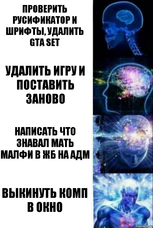 Проверить русификатор и шрифты, удалить gta set Удалить игру и поставить заново Написать что знавал мать малфи в ЖБ на адм Выкинуть комп в окно, Комикс  Сверхразум