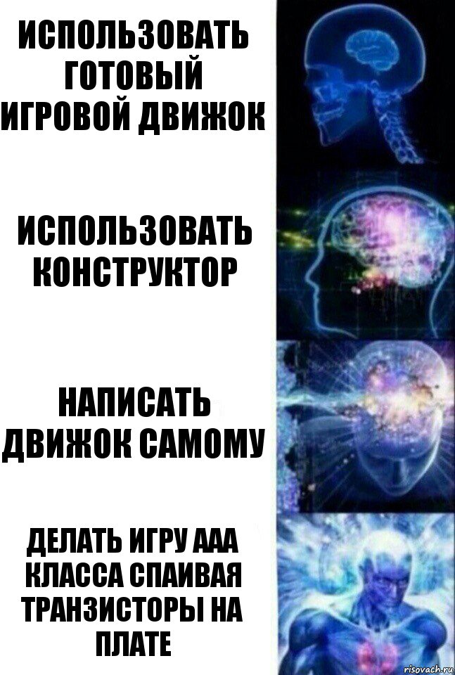 Использовать готовый игровой движок Использовать конструктор Написать движок самому Делать игру AAA класса спаивая транзисторы на плате, Комикс  Сверхразум