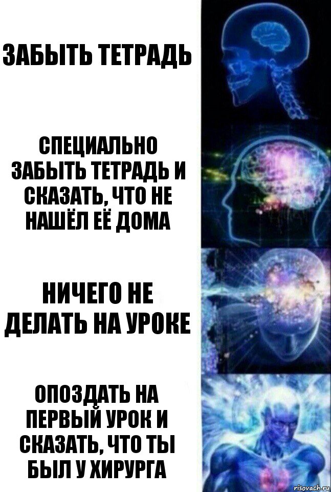 Забыть тетрадь Специально забыть тетрадь и сказать, что не нашёл её дома Ничего не делать на уроке Опоздать на первый урок и сказать, что ты был у хирурга, Комикс  Сверхразум