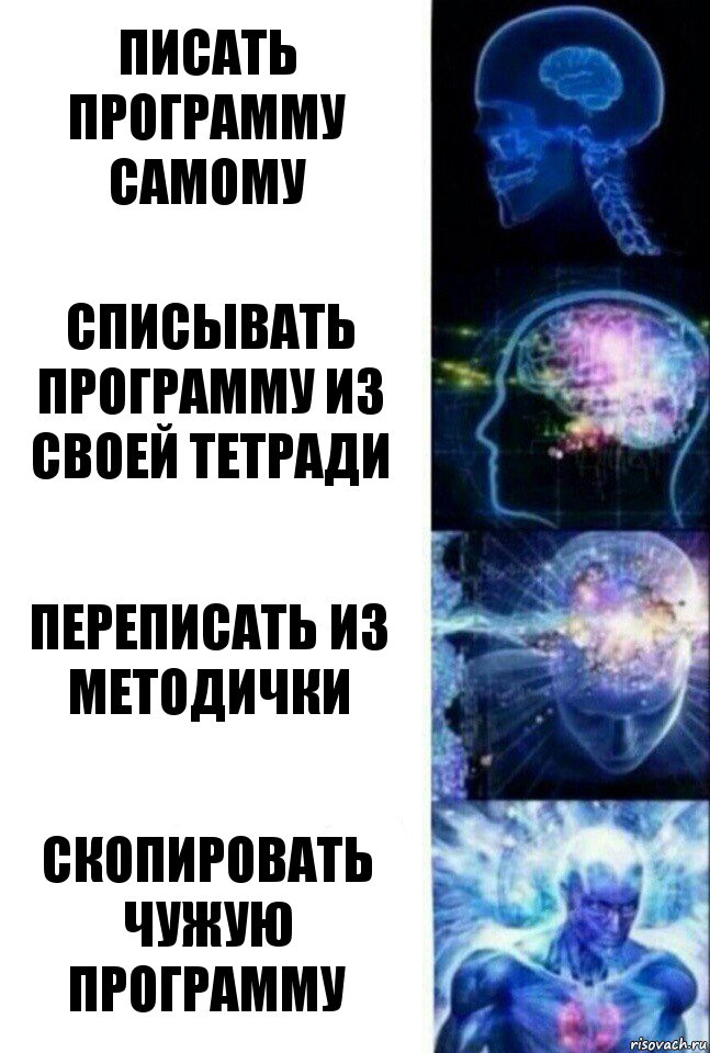 Писать программу самому Списывать программу из своей тетради Переписать из методички Скопировать чужую программу, Комикс  Сверхразум