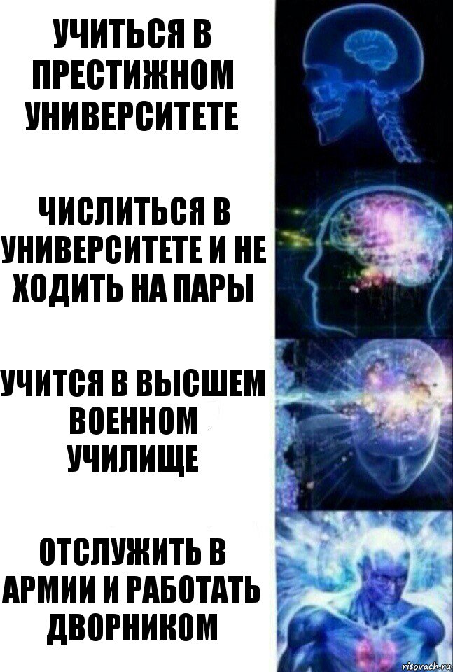 Учиться в престижном университете Числиться в университете и не ходить на пары Учится в высшем военном училище Отслужить в армии и работать дворником, Комикс  Сверхразум