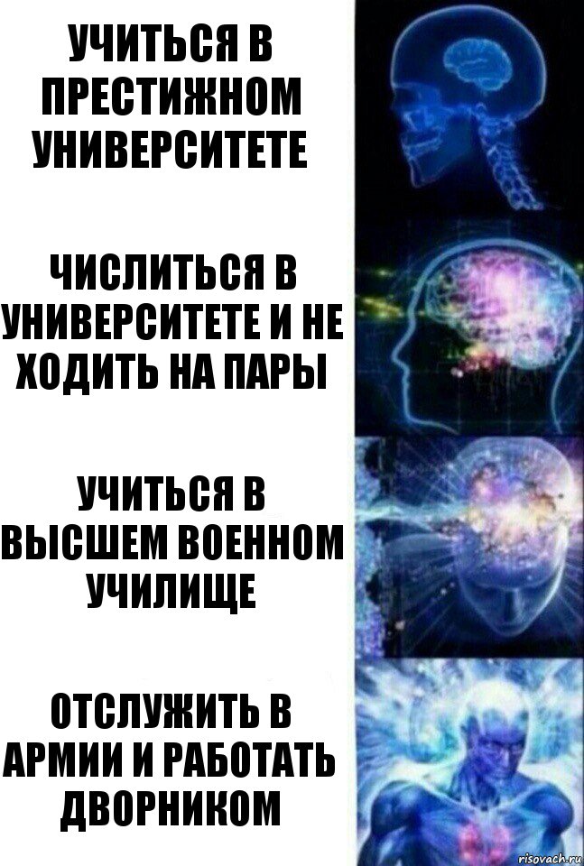 Учиться в престижном университете Числиться в университете и не ходить на пары Учиться в высшем военном училище Отслужить в армии и работать дворником, Комикс  Сверхразум