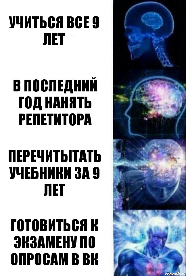 Учиться все 9 лет В последний год нанять репетитора Перечитытать учебники за 9 лет готовиться к экзамену по опросам в вк, Комикс  Сверхразум