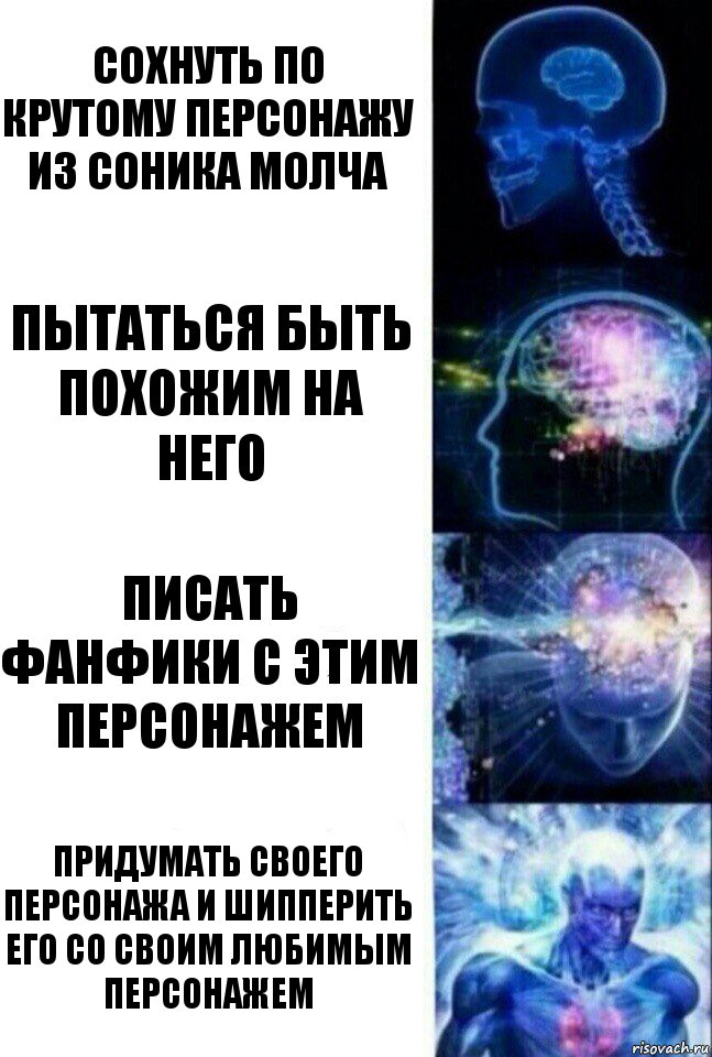 Сохнуть по крутому персонажу из Соника молча Пытаться быть похожим на него Писать фанфики с этим персонажем Придумать своего персонажа и шипперить его со своим любимым персонажем, Комикс  Сверхразум