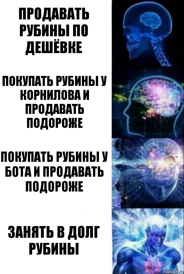 Продавать рубины по дешёвке Покупать рубины у Корнилова и продавать подороже Покупать рубины у бота и продавать подороже Занять в долг рубины, Комикс  Сверхразум