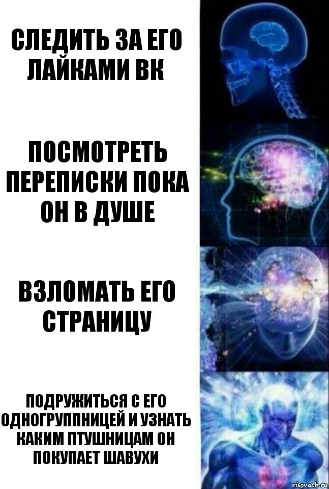 следить за его лайками вк посмотреть переписки пока он в душе взломать его страницу подружиться с его одногруппницей и узнать каким птушницам он покупает шавухи, Комикс  Сверхразум