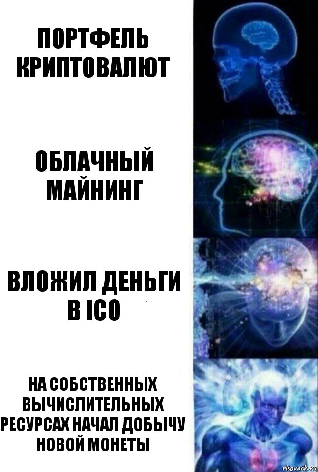 Портфель криптовалют Облачный майнинг Вложил деньги в ICO На собственных вычислительных ресурсах начал добычу новой монеты, Комикс  Сверхразум