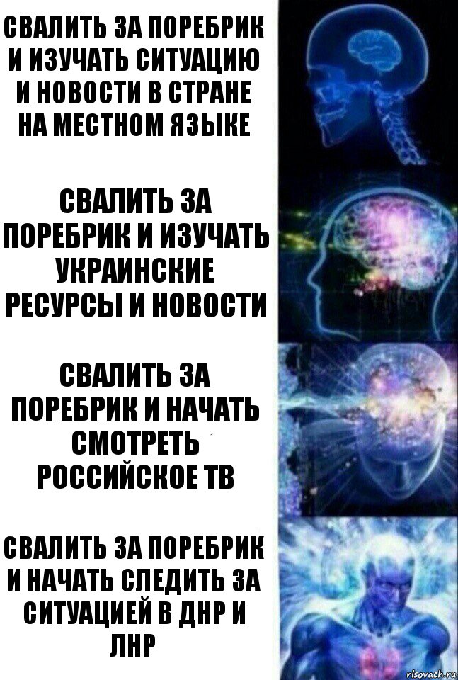 Свалить за поребрик и изучать ситуацию и новости в стране на местном языке Свалить за поребрик и изучать украинские ресурсы и новости Свалить за поребрик и начать смотреть российское ТВ Свалить за поребрик и начать следить за ситуацией в ДНР и ЛНР, Комикс  Сверхразум