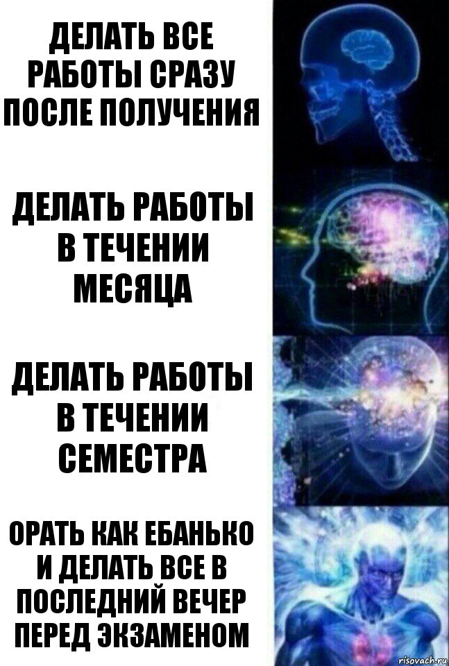 делать все работы сразу после получения делать работы в течении месяца делать работы в течении семестра орать как ебанько и делать все в последний вечер перед экзаменом