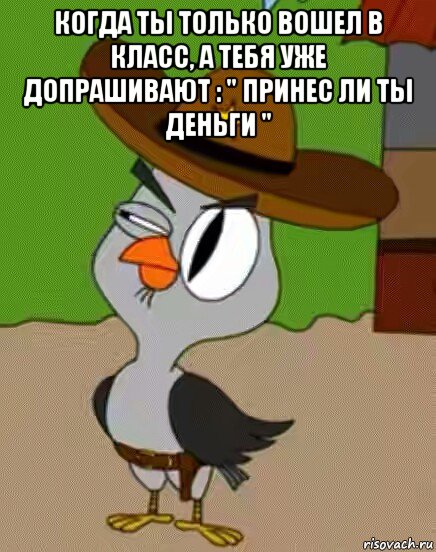 когда ты только вошел в класс, а тебя уже допрашивают : " принес ли ты деньги " , Мем    Упоротая сова