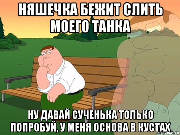 няшечка бежит слить моего танка ну давай сученька только попробуй, у меня основа в кустах, Мем Задумчивый Гриффин