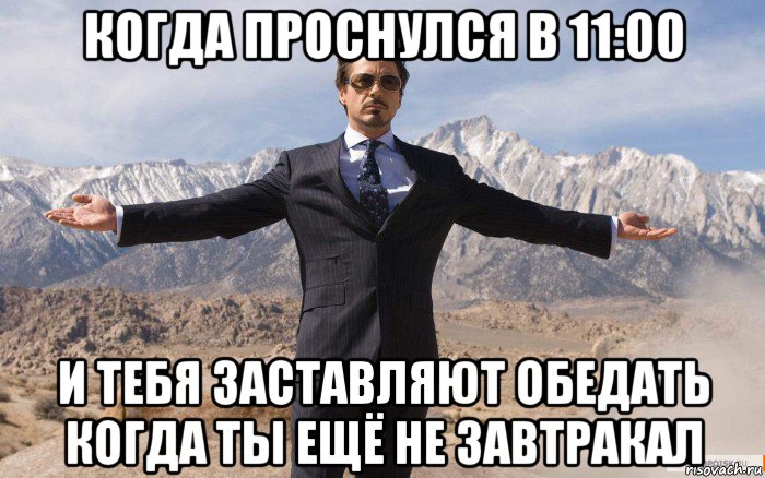 когда проснулся в 11:00 и тебя заставляют обедать когда ты ещё не завтракал, Мем железный человек