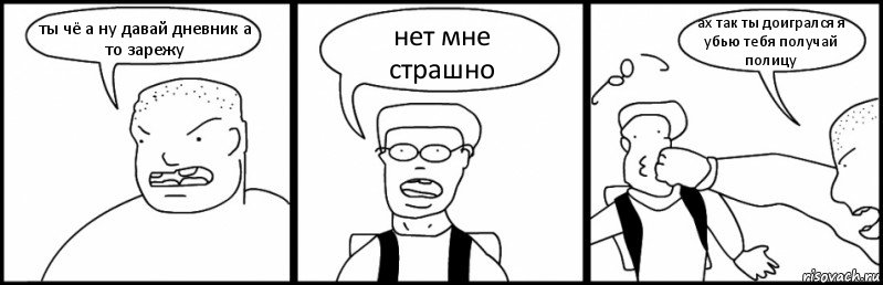 ты чё а ну давай дневник а то зарежу нет мне страшно ах так ты доигрался я убью тебя получай полицу, Комикс Быдло и школьник