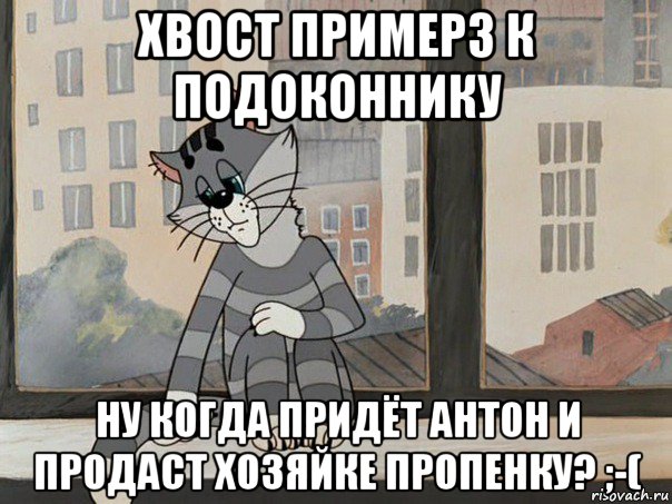 хвост примерз к подоконнику ну когда придёт антон и продаст хозяйке пропенку? ;-(, Мем Матроскин