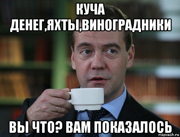 куча денег,яхты,виноградники вы что? вам показалось, Мем Медведев спок бро