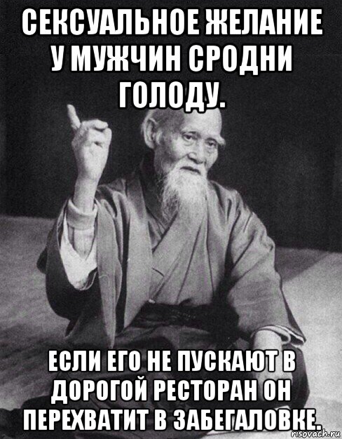 сексуальное желание у мужчин сродни голоду. если его не пускают в дорогой ресторан он перехватит в забегаловке., Мем Монах-мудрец (сэнсей)