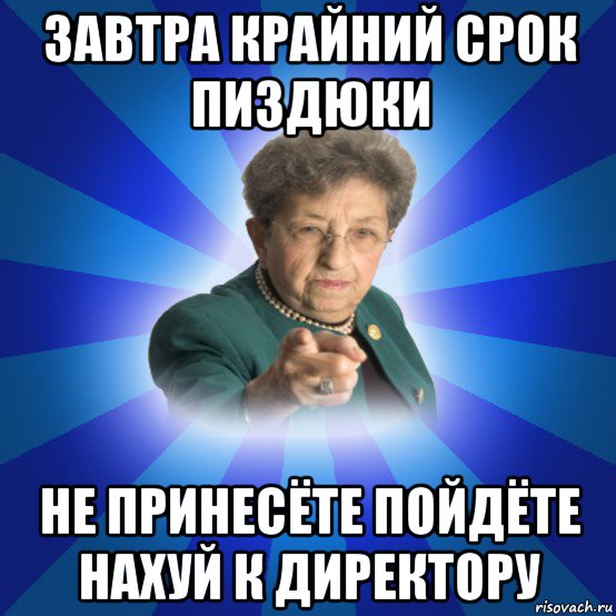 завтра крайний срок пиздюки не принесёте пойдёте нахуй к директору, Мем Наталья Ивановна