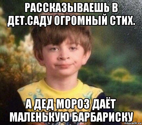 рассказываешь в дет.саду огромный стих. а дед мороз даёт маленькую барбариску, Мем Недовольный пацан