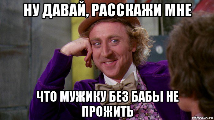 ну давай, расскажи мне что мужику без бабы не прожить, Мем Ну давай расскажи (Вилли Вонка)