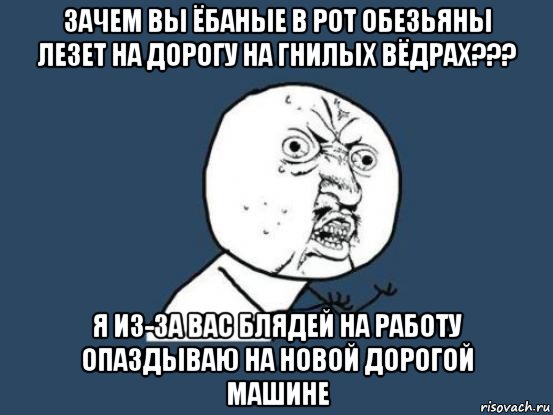 зачем вы ёбаные в рот обезьяны лезет на дорогу на гнилых вёдрах??? я из-за вас блядей на работу опаздываю на новой дорогой машине, Мем Ну почему