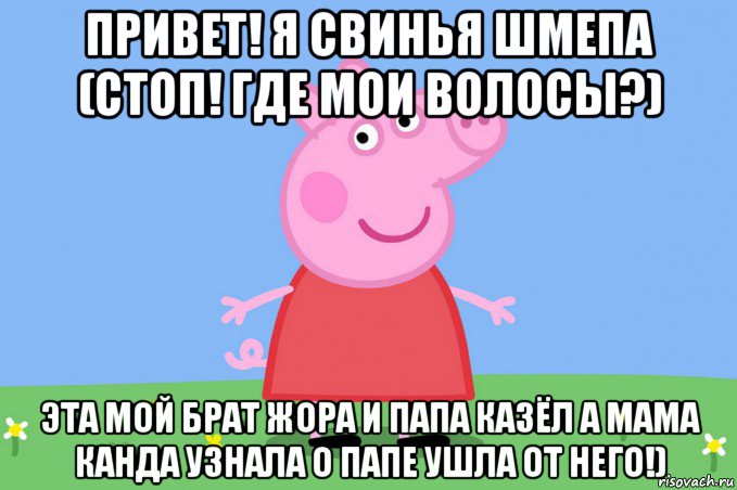 привет! я свинья шмепа (стоп! где мои волосы?) эта мой брат жора и папа казёл а мама канда узнала о папе ушла от него!), Мем Пеппа