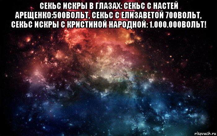 секьс искры в глазах: секьс с настей арещенко:500вольт, секьс с елизаветой 700вольт, секьс искры с кристиной народной: 1.000.000вольт! , Мем Просто космос